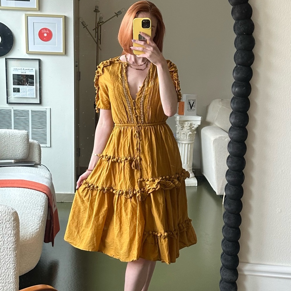 SEA New York Yellow Staircase Pom-Pom Bohemian Drawstring Midi Dress